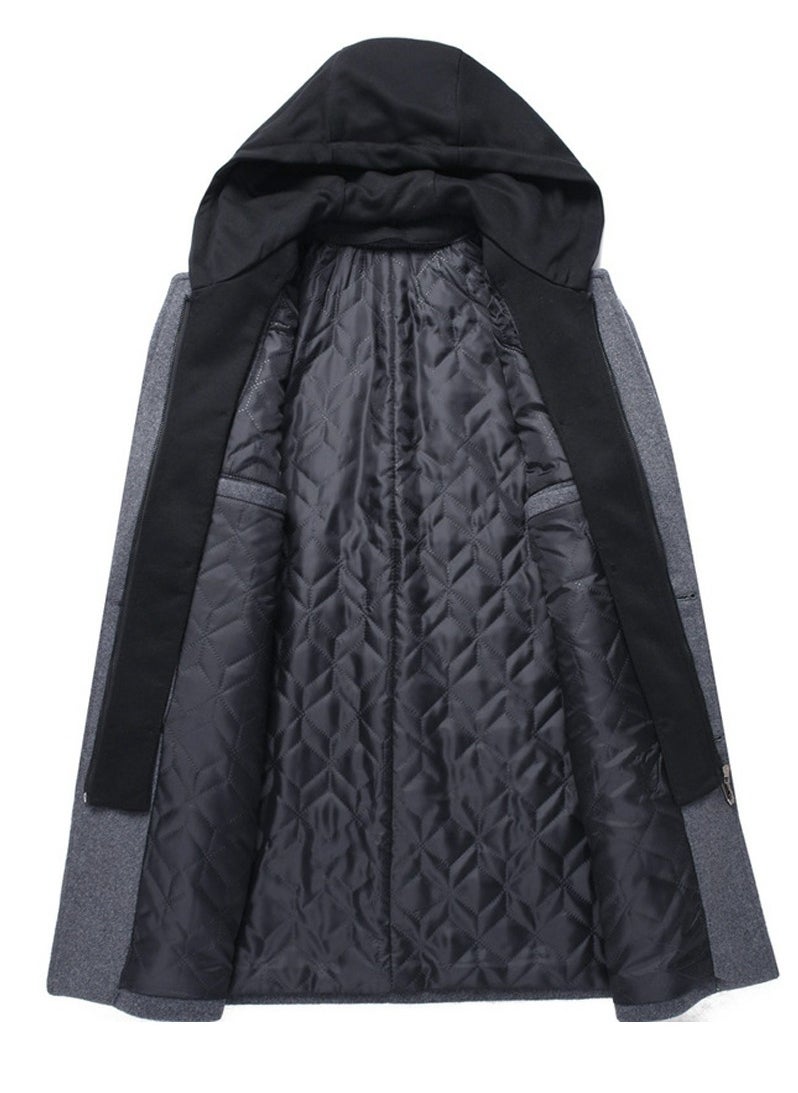 Loquat - Men's Double Collar Casual Woolen Coat Slim Fit Mid Length Jacket Overcoat With Detachable Hat Gray - Image 1