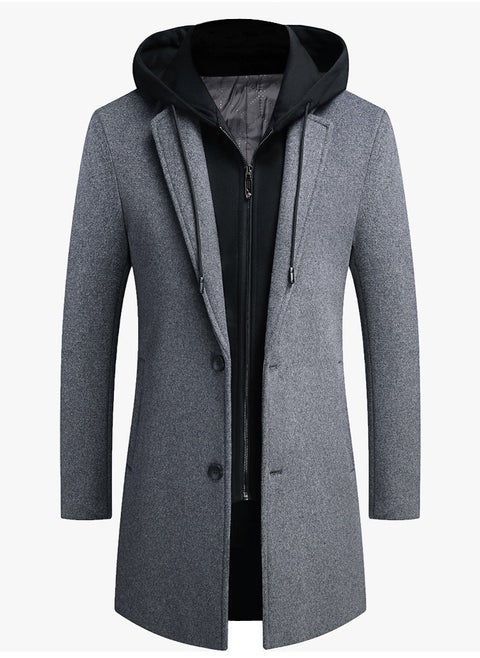 Men's Double Collar Casual Woolen Coat Slim Fit Mid Length Jacket Overcoat With Detachable Hat Gray