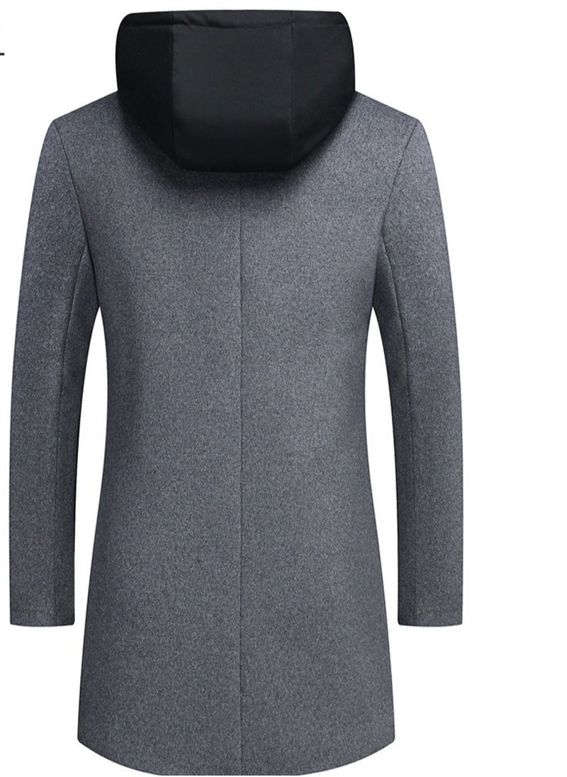 Loquat - Men's Double Collar Casual Woolen Coat Slim Fit Mid Length Jacket Overcoat With Detachable Hat Gray - Image 1