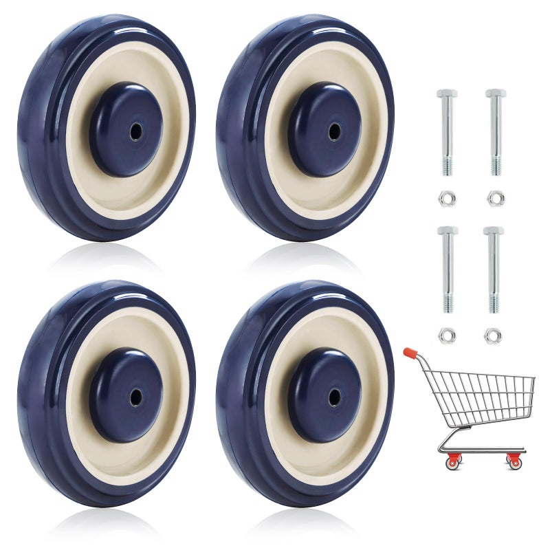 NATGAI 4 Pack Shopping Cart Replacement Wheels Kit 5 Diameter 12 width 516 Bore Noiseless Shopping Cart Wheels with Axles Bolts 4 sets Total 1000 Lbs Blue