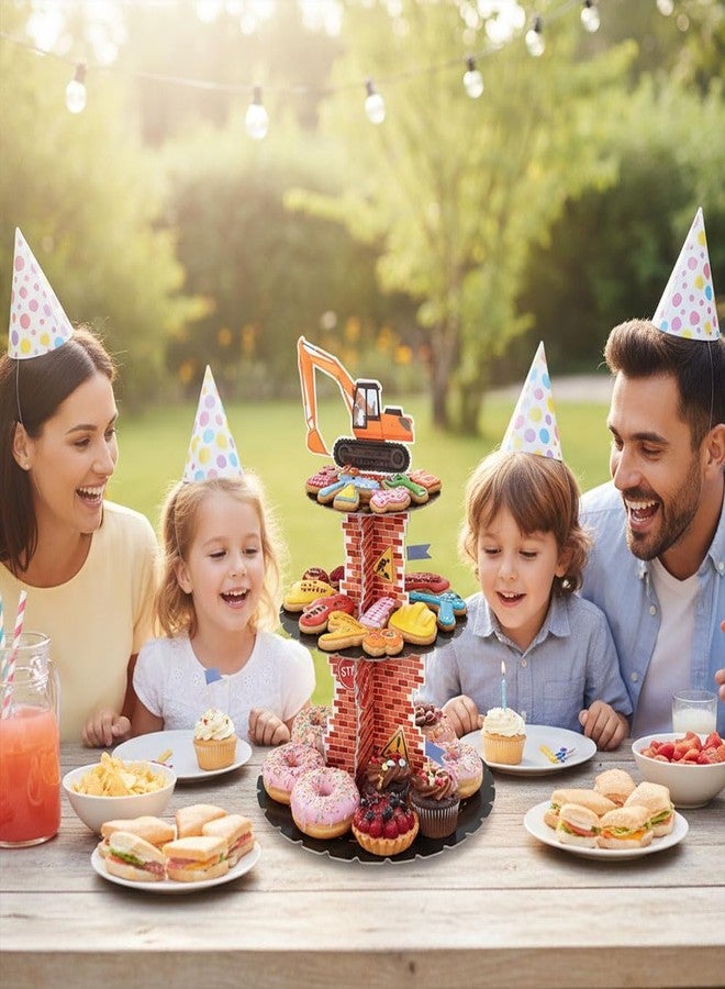 زينة عيد ميلاد من ثلاث طبقات بتصميم بناء من هيزنومج، حامل كب كيك بتصميم بناء، حامل كب كيك على شكل شاحنة قلابة وحفارة، برج حلويات لحفلات استقبال المولود الجديد للأولاد، لوازم حفلات أعياد الميلاد - Image 5