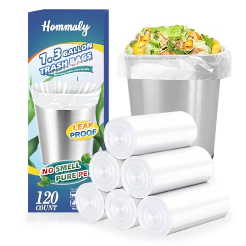 HOMMALY 1.3 Gallon 120 pcs (1.2-1.3 Gal) Small Clear Trash Bags, Strong 1.2 Gallon 1.3 Gallon Garbage Bags, Bathroom Trash Can Bin Liners,Mini Bags Waste Basket Liner,Fit 5-6 Liter, 1-1.3 Gal (1.3C120) - Image 1