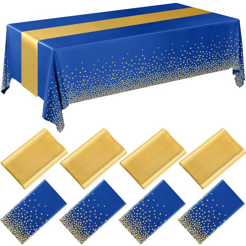 Breling 8 Pack Navy Blue and Gold Disposable Plastic Tablecloths and Satin Table Runner Set, 54 x 108 Inch Tablecloth, 12 x 108 Inch Table Runners for Wedding Graduation Birthday Baby Shower New Year - Image 1