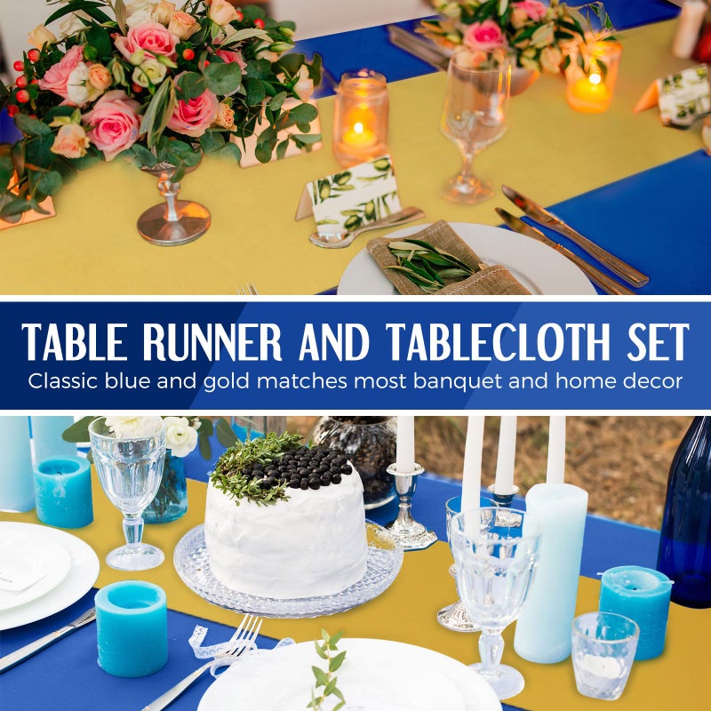 Breling 8 Pack Navy Blue and Gold Disposable Plastic Tablecloths and Satin Table Runner Set, 54 x 108 Inch Tablecloth, 12 x 108 Inch Table Runners for Wedding Graduation Birthday Baby Shower New Year - Image 5