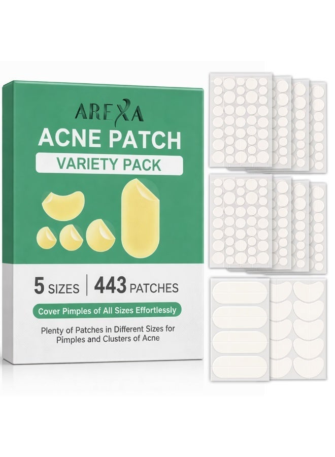 AREXA Variety Pimple Patches for Face, Different size Acne Patches 60 x 20 mm, Big Hydrocolloid Bandages for Body, Forehead, Chin, Neck Zit Breakouts, Hydrocolloid Patch (Strip, Contoured, Dot 5 Sizes 443Count) - Image 1