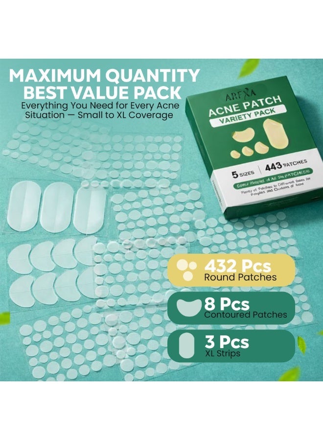 AREXA Variety Pimple Patches for Face, Different size Acne Patches 60 x 20 mm, Big Hydrocolloid Bandages for Body, Forehead, Chin, Neck Zit Breakouts, Hydrocolloid Patch (Strip, Contoured, Dot 5 Sizes 443Count) - Image 4
