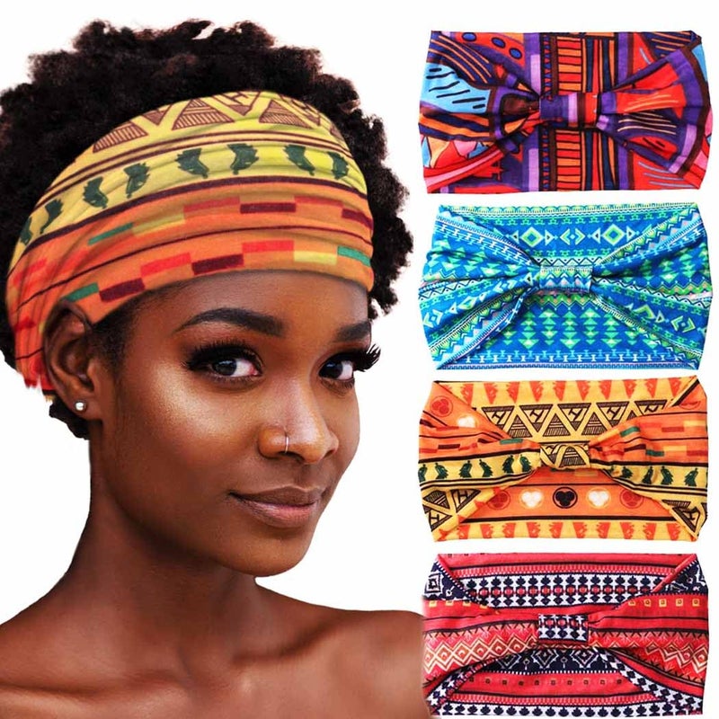 Aceorna African Headbands Boho Knotted Hairbands Stretch Wide Head Wraps Elastic Yoga Turban Hair Scarfs Workout Printed Hair Accessories for Women Pack of 4 Style B
