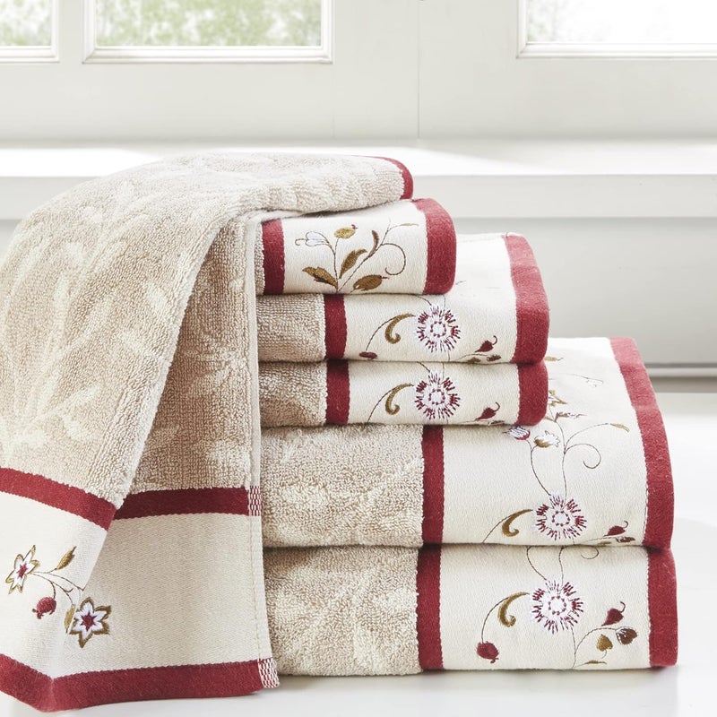 madison park Flexible use switching Serene 100% Cotton Bath Towel Set Luxurious Floral Embroidered Cotton Jacquard Design, Soft and Highly Absorbent for Shower, Multi-Sizes, Red Home & light industrial compatible - Image 2