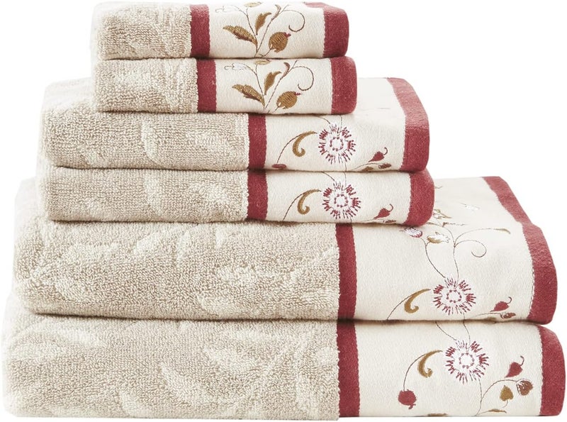 madison park Flexible use switching Serene 100% Cotton Bath Towel Set Luxurious Floral Embroidered Cotton Jacquard Design, Soft and Highly Absorbent for Shower, Multi-Sizes, Red Home & light industrial compatible - Image 1