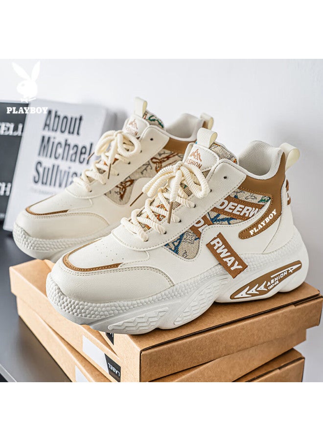 Playboy Men's Dad Sneakers  Spring Summer Casual Thick-soled High-top Fashion Sports Shoes Khaki Size 43 - Image 4