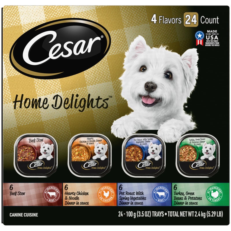 Cesar Home Delights Adult Wet Dog Food, Pot Roast with Spring Vegetables, Beef Stew, Turkey, Green Beans, & Potatoes, and Hearty Chicken & Noodle Variety Pack, 3.5 oz. (24 Count, Pack of 1) - Image 1