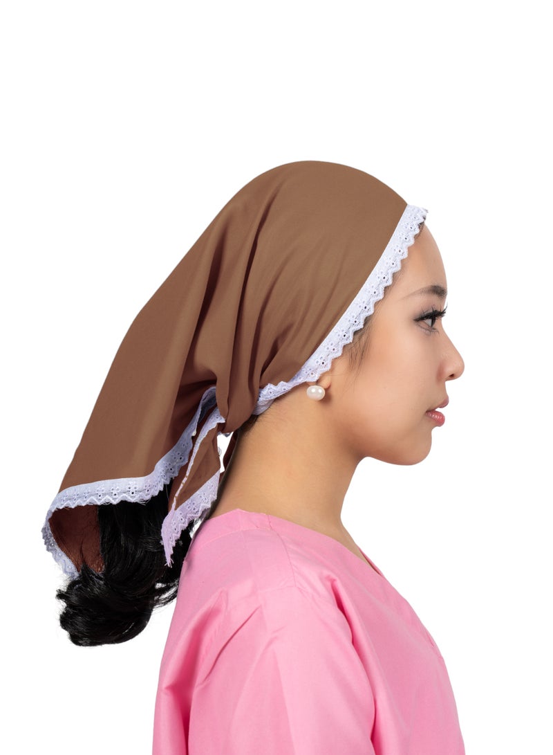 وشاح مربع أنيق، حواف دانتيل بيضاء، قماش ناعم وخفيف الوزن، غطاء رأس/مربية أطفال/مربية أطفال، قطن، مقاس واحد