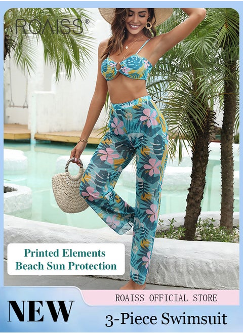 3 Pieces Tropical Plant Print Split Bikini Swimsuit Involves Tube Top and Swim Trunks with Beach Trousers