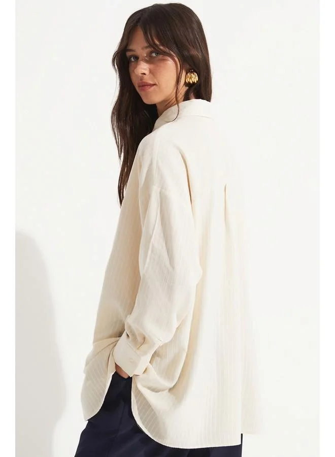 JUNE June Women Cotton Striped Wide Fit Woven Shirt Stone