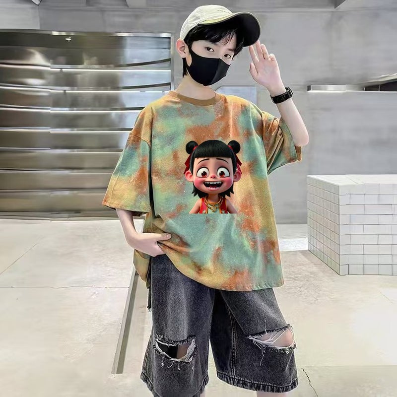 Boys' Short-sleeved Children's 2025 T-shirt Cotton New Half-sleeved Loose Tie-dyed Top for Middle and Big Children for Summer - Image 1