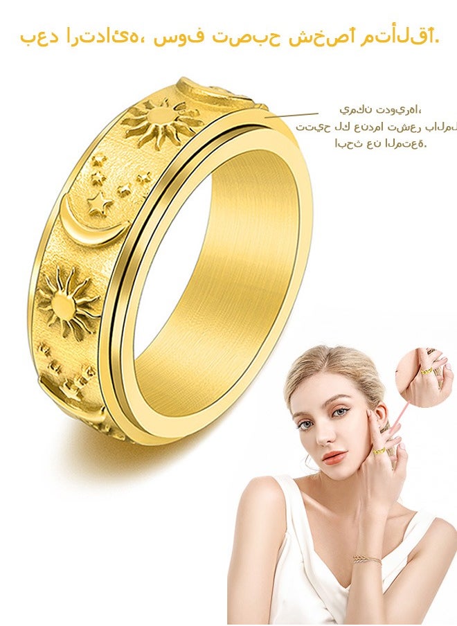 Beyond Sun and Moon Relief Rotating Ring, 14K Gold Plated Anti Fading Titanium Ring, Luxury Gold Ring for Women (Gold+Blue)  - Image 1