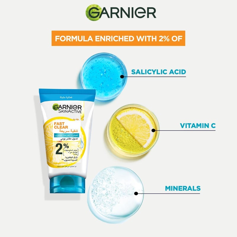 Garnier Skinactive Fast Clear 3-in-1 Face Wash, For Acne Prone Skin, with Salicylic Acid and Vitamin C, 150ml - Image 4
