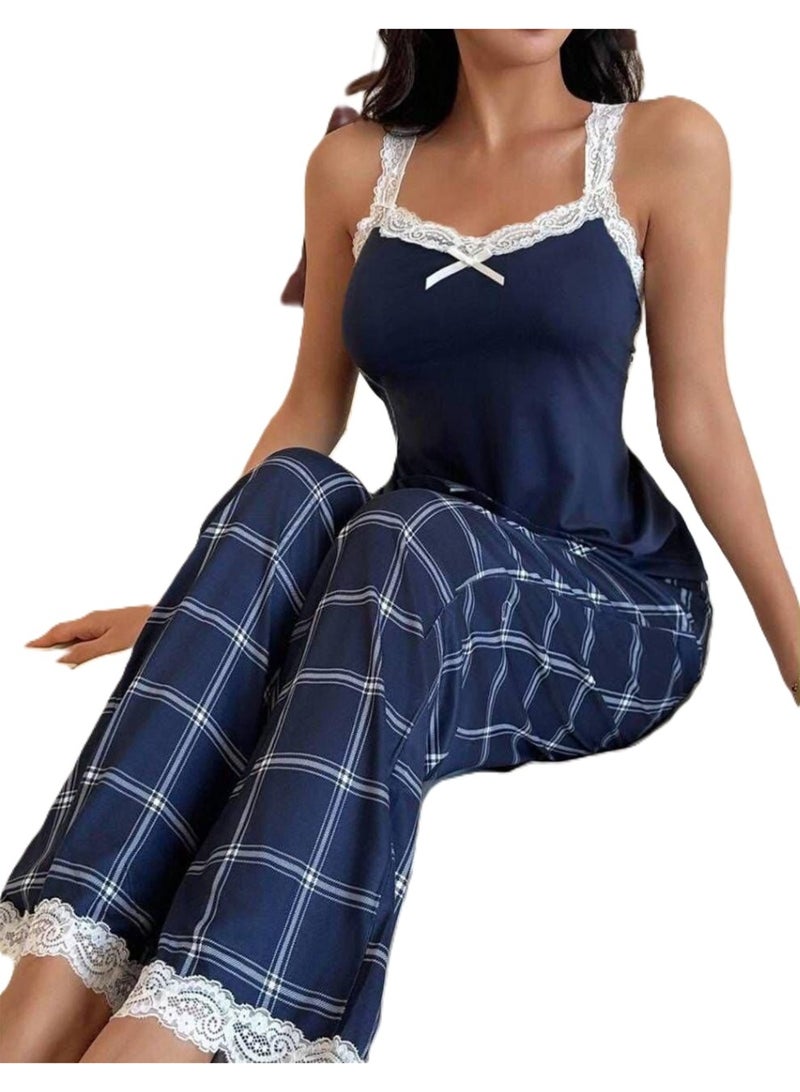 Women's 2-Piece Pajama Set, Navy Lace Cami Top & Plaid Long Pants - Image 1
