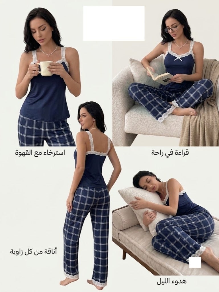 Women's 2-Piece Pajama Set, Navy Lace Cami Top & Plaid Long Pants - Image 2