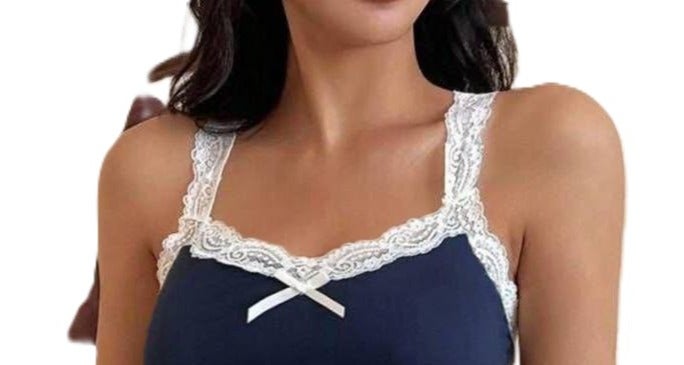 Women's 2-Piece Pajama Set, Navy Lace Cami Top & Plaid Long Pants - Image 3