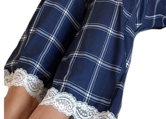 Women's 2-Piece Pajama Set, Navy Lace Cami Top & Plaid Long Pants - Image 4