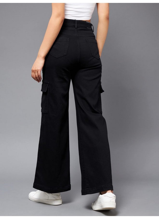Miss Chase - Miss Chase Women's Wide Leg High Rise Clean Look Regular Stretchable Denim Jeans Black - Image 1