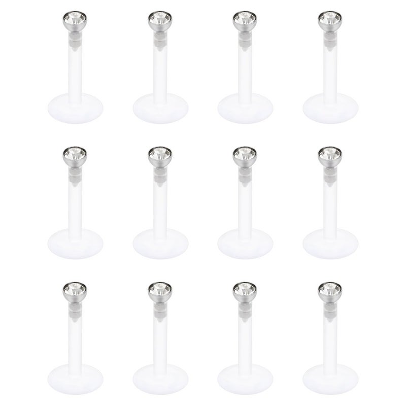 SCERRING 12PCS 16G 2mm Clear CZ Internally Threaded Labret Monroe Lip Ring Tragus Nail Helix Earring Stud Piercing Jewelry Clear Acrylic Bioflex Bar Length 10mm - Image 1