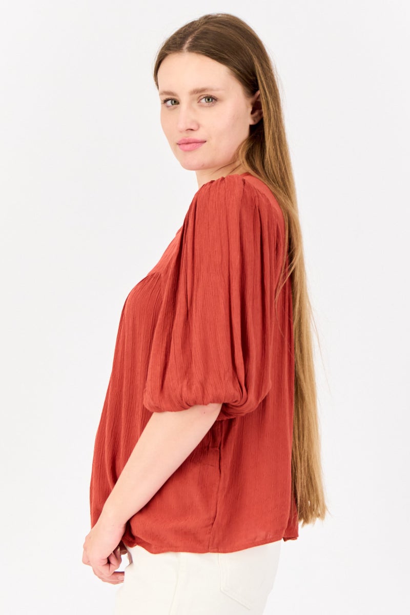 ONLY Women Round Neck Short Sleeves Textured Top, Rust Brown - Image 2