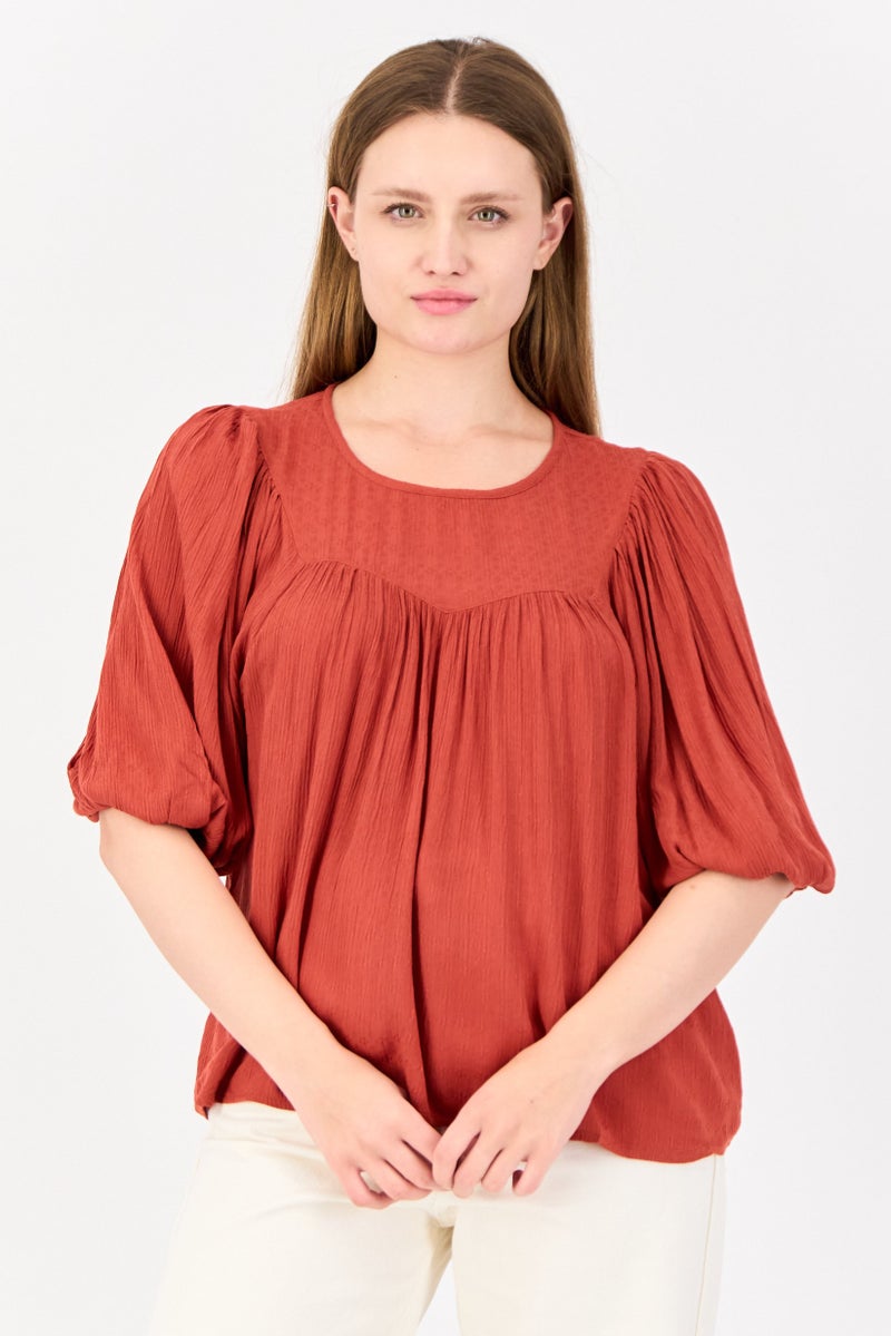 ONLY Women Round Neck Short Sleeves Textured Top, Rust Brown - Image 1