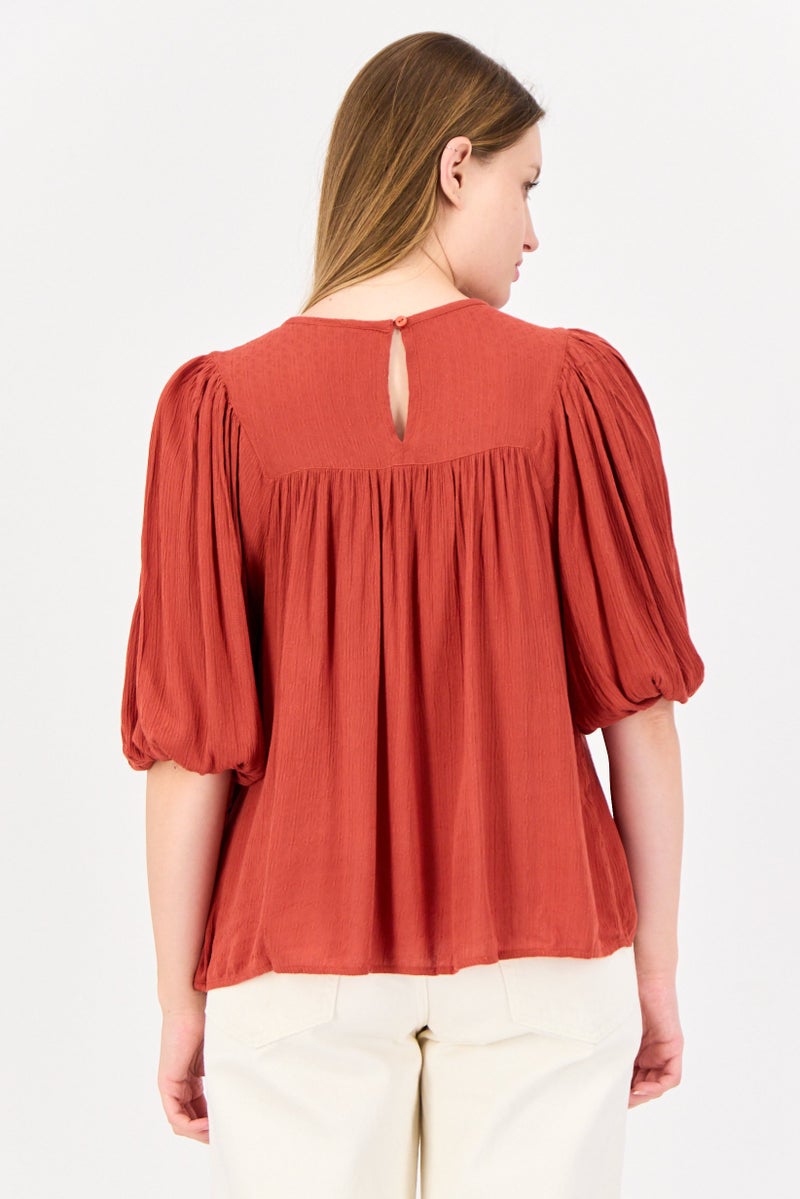 ONLY Women Round Neck Short Sleeves Textured Top, Rust Brown - Image 3