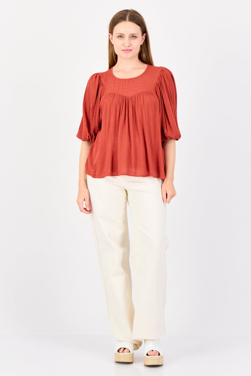 ONLY Women Round Neck Short Sleeves Textured Top, Rust Brown - Image 4