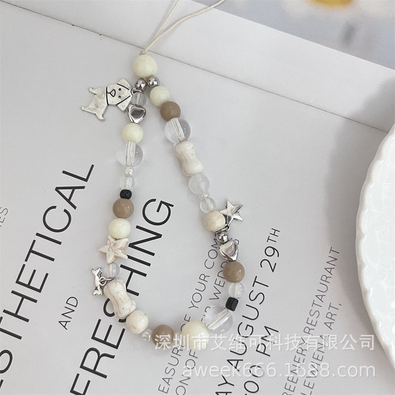 korean ins metal dog phone chain star bone ceramic cute retro brown beaded puppy ccd camera - Image 4