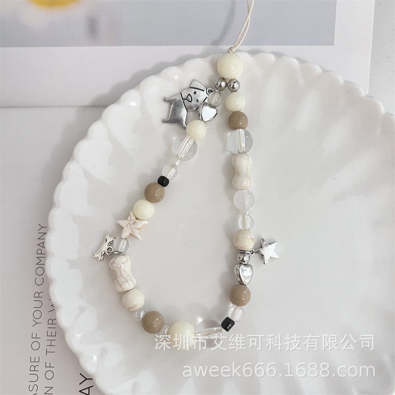 korean ins metal dog phone chain star bone ceramic cute retro brown beaded puppy ccd camera - Image 5