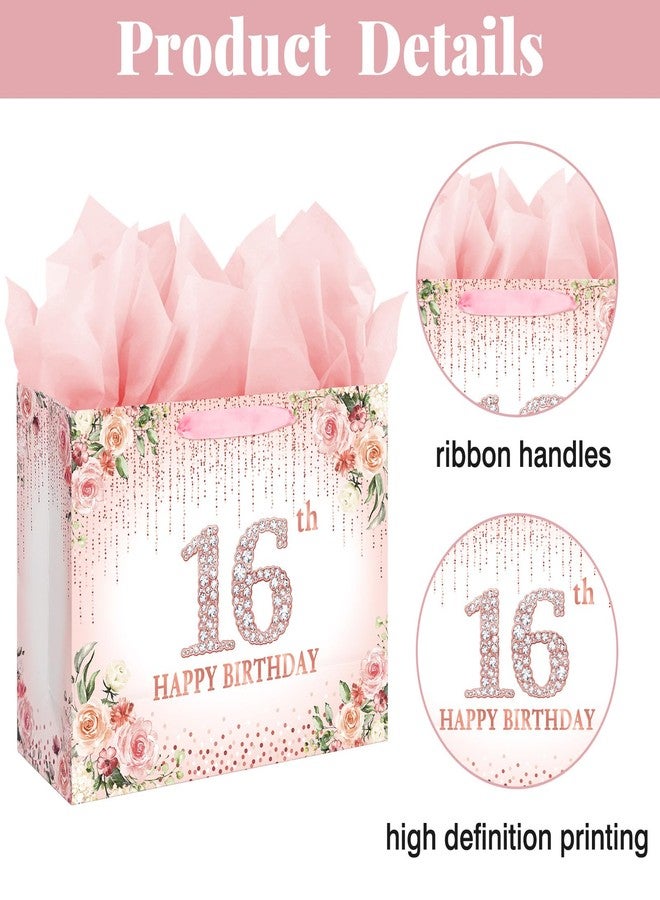 Laidans Sweet 16th Happy Birthday Gift Bag with Tissue Paper and Card for Girls Kids Birthday Party (Rose Gold) (16th) - Image 4