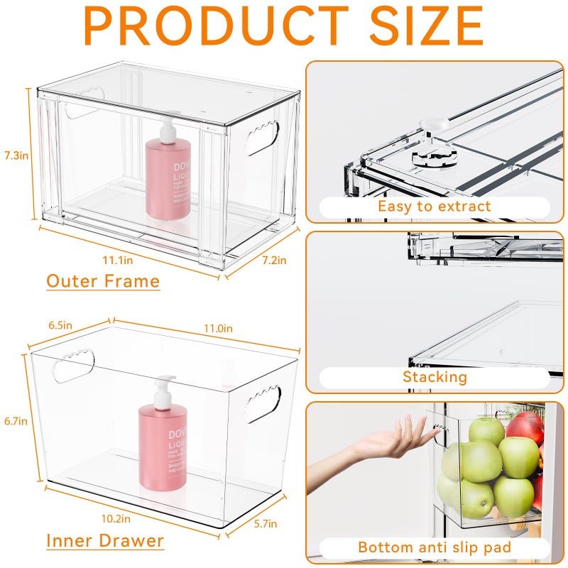 Yieach 4 Pack Large Stackable Storage Drawers,11â€³Deep Under Cabinet Organizer,Baby Bottle Organizer,Clear Stacking Pull Out Drawer,Acrylic Storage Containers Bins for Organizing Snack,Medicine,Makeup - Image 3