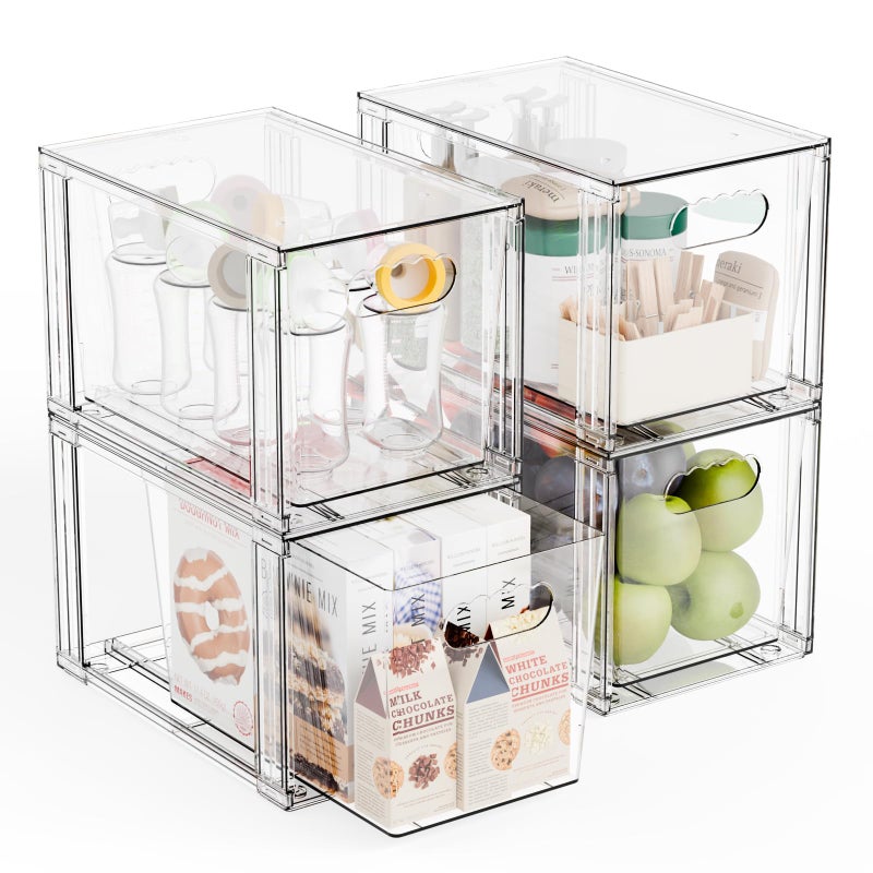Yieach 4 Pack Large Stackable Storage Drawers,11â€³Deep Under Cabinet Organizer,Baby Bottle Organizer,Clear Stacking Pull Out Drawer,Acrylic Storage Containers Bins for Organizing Snack,Medicine,Makeup - Image 1