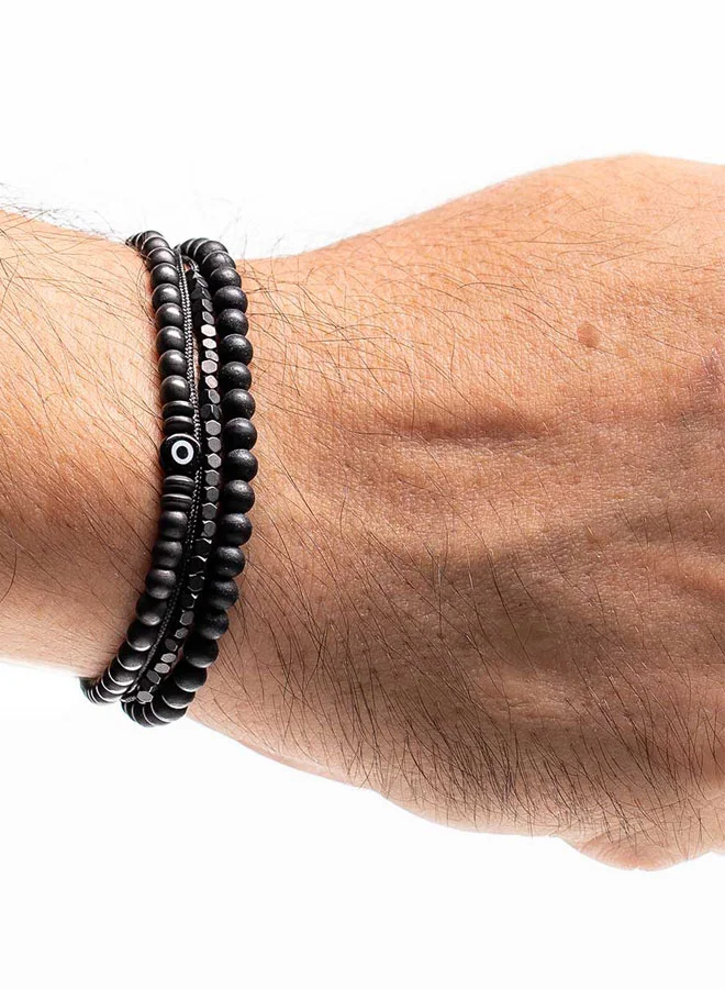 CHRYSOSTOMOS Handmade Adjustable Beaded Multi-Line Bracelet with Onyx, Grey Matte Balls, Glossy Square Hematite, Black Glass Eye and String