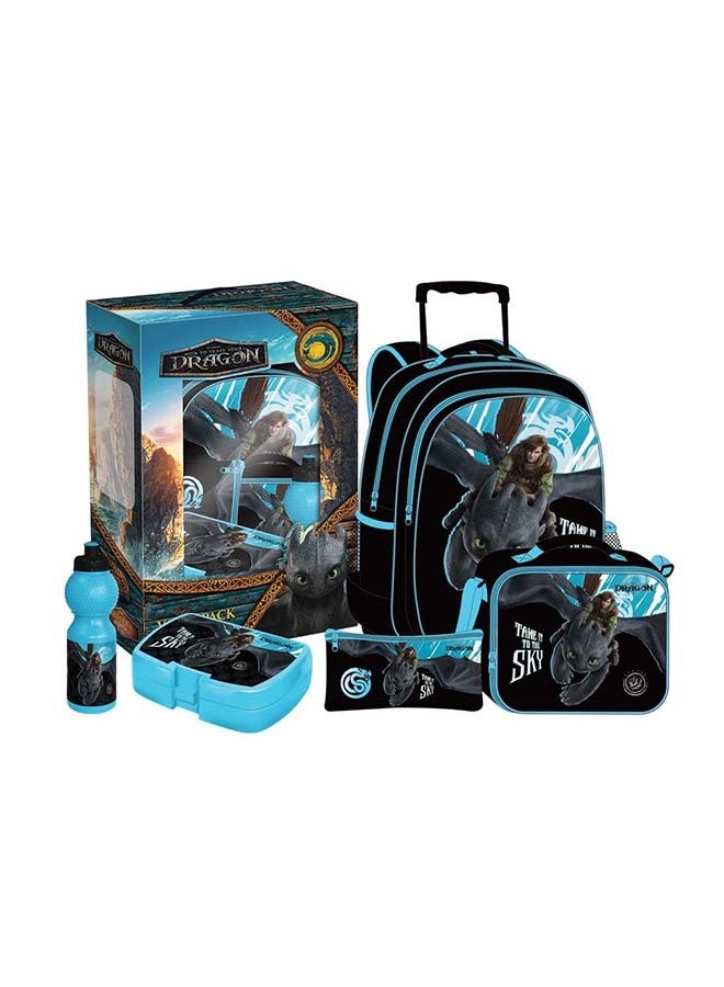 How to Train Your Dragon كيف تدرب تنينك: حزمة قيمة 5 في 1 (حقيبة ترولي 16 بوصة مع صندوق غداء، حقيبة غداء، زجاجة ماء وعلبة أقلام) - Image 1