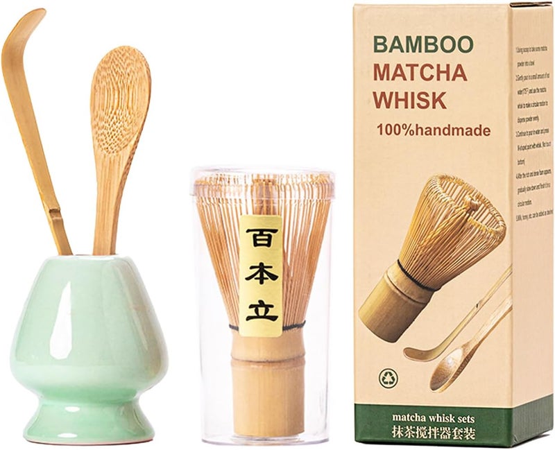 supvtr Matcha Whisk Set - Matcha Set 4 Pcs - Bamboo Matcha Whisk + Ceramic Whisk Holder + Scoop +Spoon - 100% Handmade from natural Bamboo - for starter - Image 1