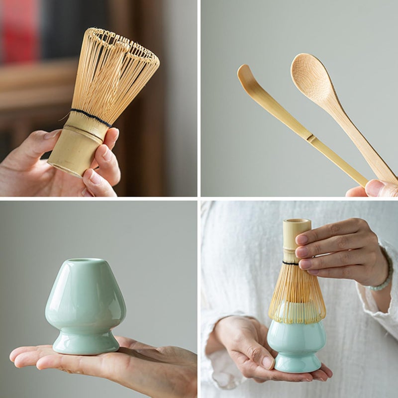supvtr Matcha Whisk Set - Matcha Set 4 Pcs - Bamboo Matcha Whisk + Ceramic Whisk Holder + Scoop +Spoon - 100% Handmade from natural Bamboo - for starter - Image 2