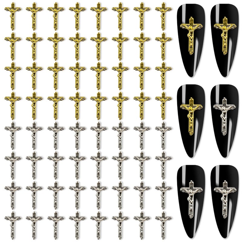 YECIRALA 100 Pieces 3D Gold & Silver Cross Nail Charms for Nail Art 3D Cross for Nails Cross Charms for Acrylic Nails Jesus Cross Nail Art Charms for Women Girls Nail Jewelrys Decorations Kit