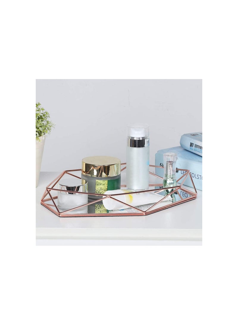 GGOOT Metal Decorative Tray, Cosmetic Makeup Tray Ottoman Mirror Tray Perfume Tray Jewelry Tray Glass Vanity Trays for Dressers(Rose Gold)  - Image 3