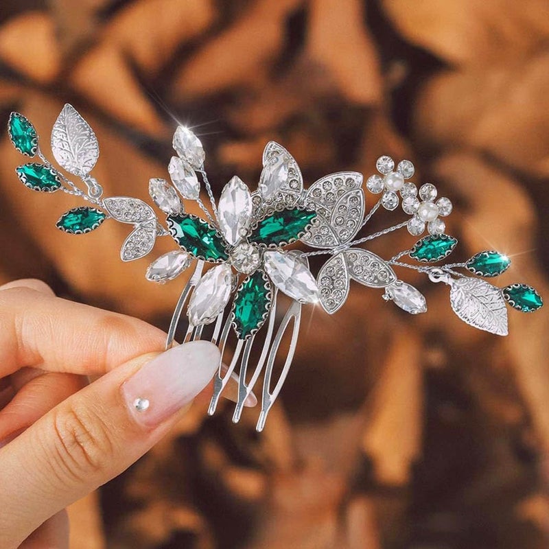 IYOU Sparkly Crystal Wedding Hair Comb Green Bridal Hair Accessories Flower Leaf Prom Hair Pieces for Bride and Bridesmaid