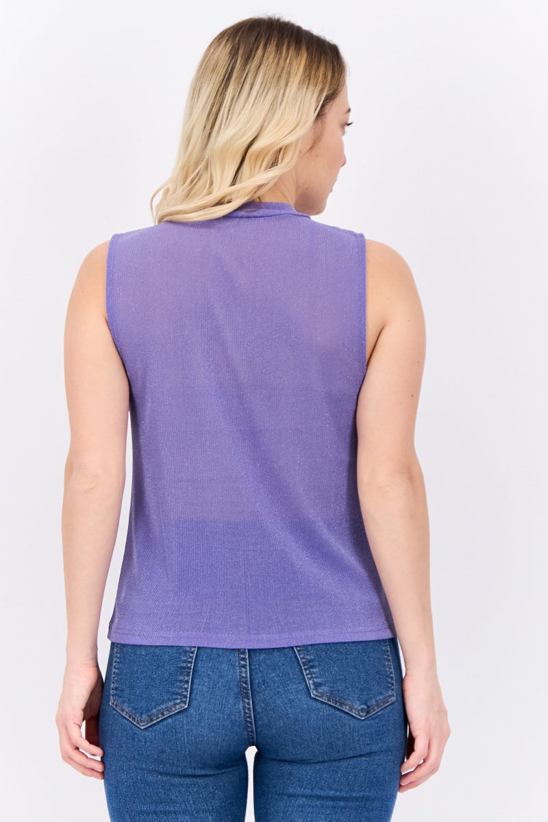 MANGO Women Mock Neck Sleeveless Plain Tank Top, Purple - Image 3