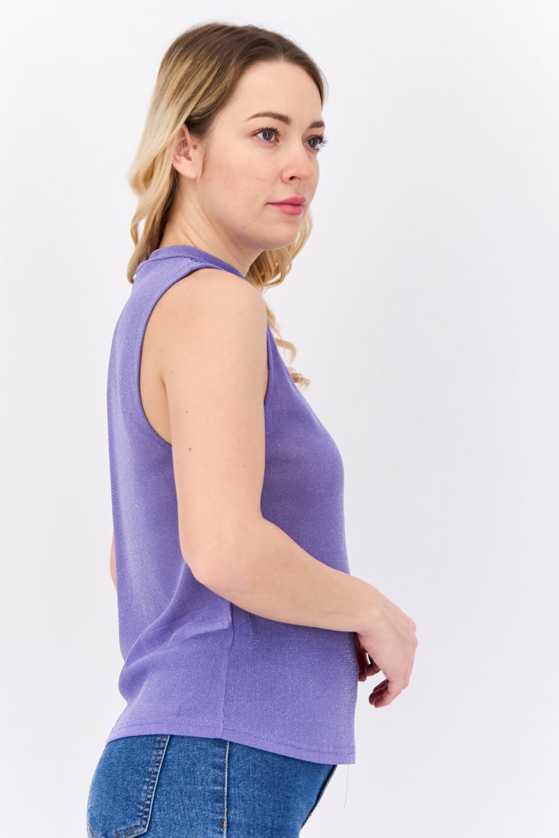 MANGO Women Mock Neck Sleeveless Plain Tank Top, Purple - Image 2