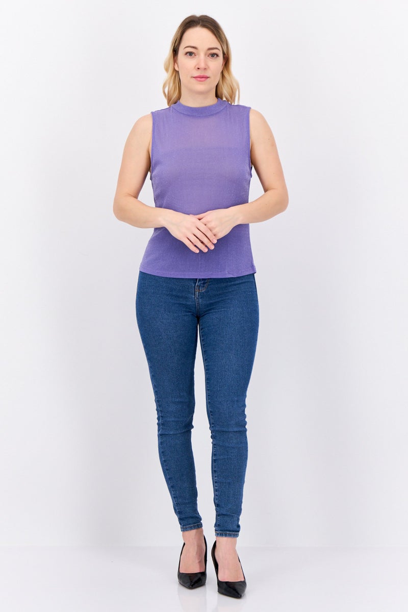 MANGO Women Mock Neck Sleeveless Plain Tank Top, Purple - Image 4