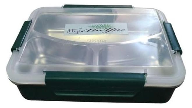 Spaceshoop 3 Compartment Insulated Stainless Steel Lunch Box with Wooden Lid and Tiffin Box for Boys Girls School Office (Green) - Image 1