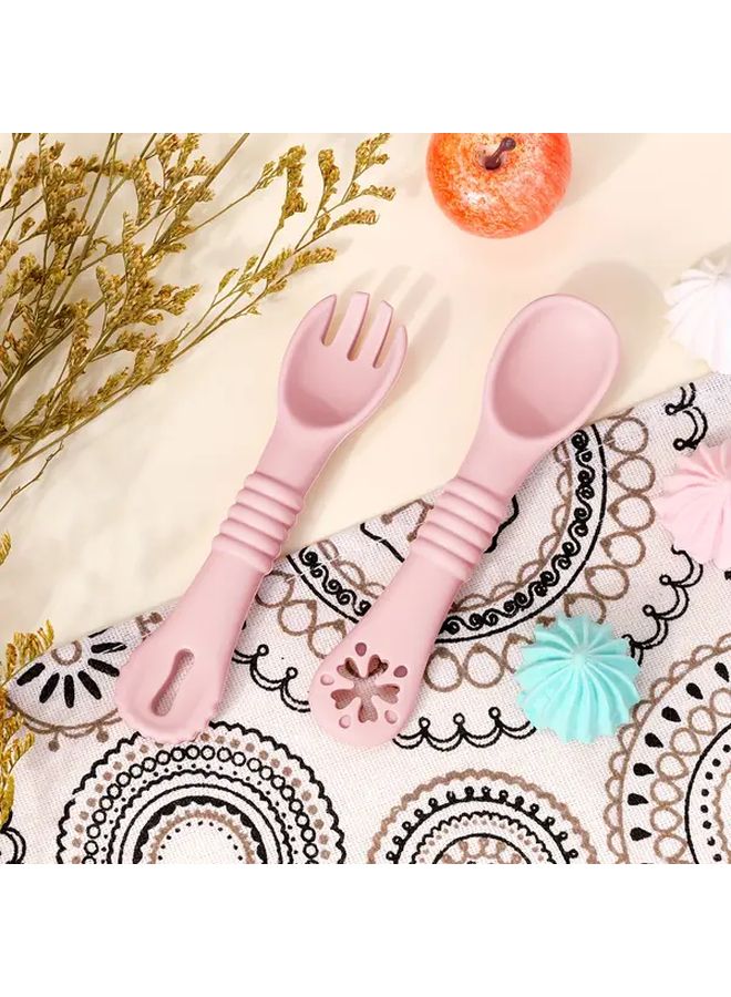 Silicone Toddler Fork And Spoon Set Pink Food Grade Infant Feeding Utensils For Baby Dinnerware Christmas Thanksgiving Back To School Gift - Image 2