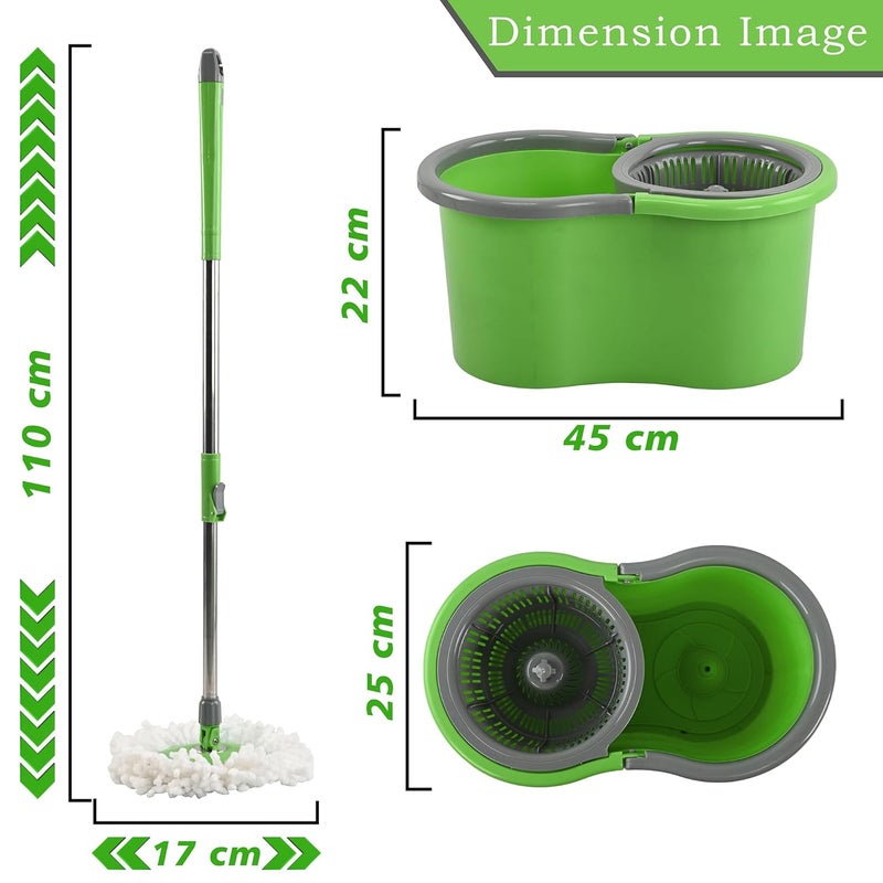 Kuber Industries Plastic Spin Mop Bucket Extendable Handle Moppers for Cleaning Floor with 2 Refills 360 Floor Cleaner Mopping Machine Set for Home Office Pocha Stick Green - Image 3