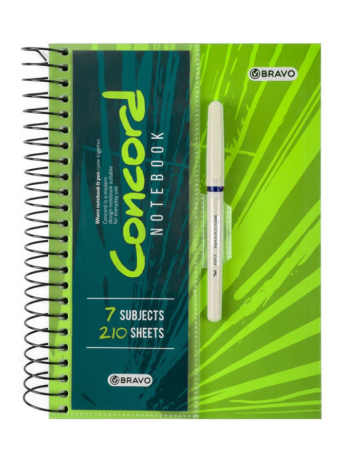 Bravo Concord Spiral Notebook with Free pen - 7 Subjects - 210 Sheets - Med Size - Green